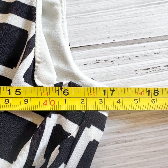 Lauren Ralph Lauren Black White Geometric Midi Dress Size 12 L,Fitted Stretch - Picture 9 of 10